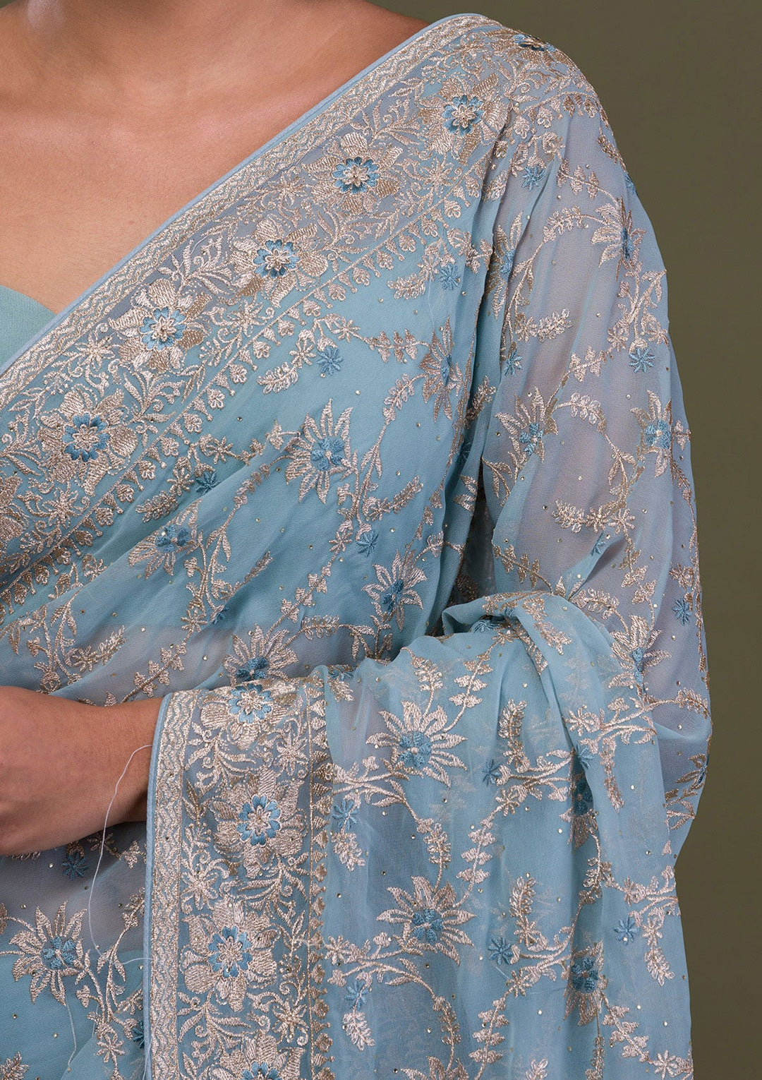 Sky Blue Zariwork Georgette Saree-Koskii