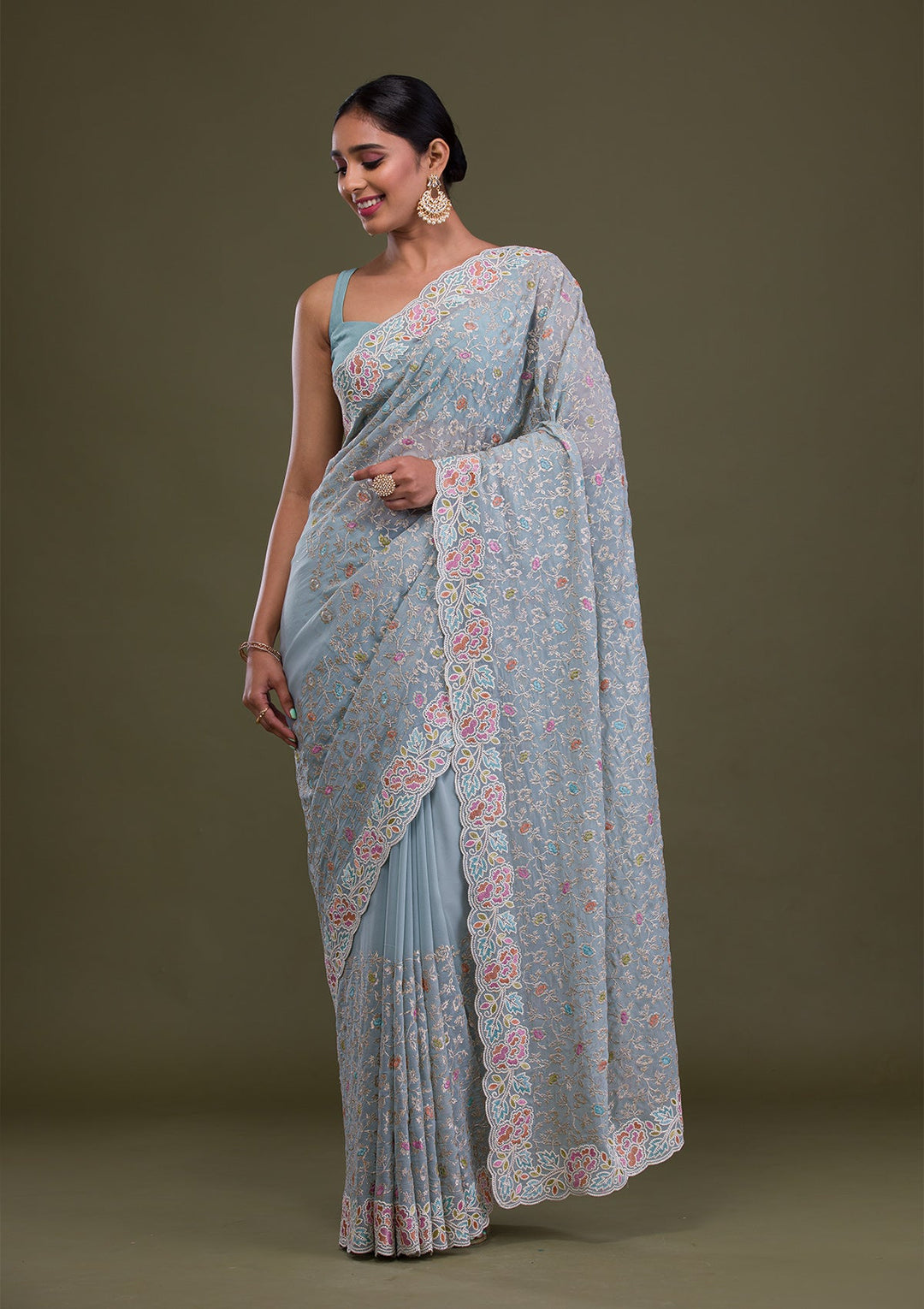 Sky Blue Zariwork Georgette Saree-Koskii