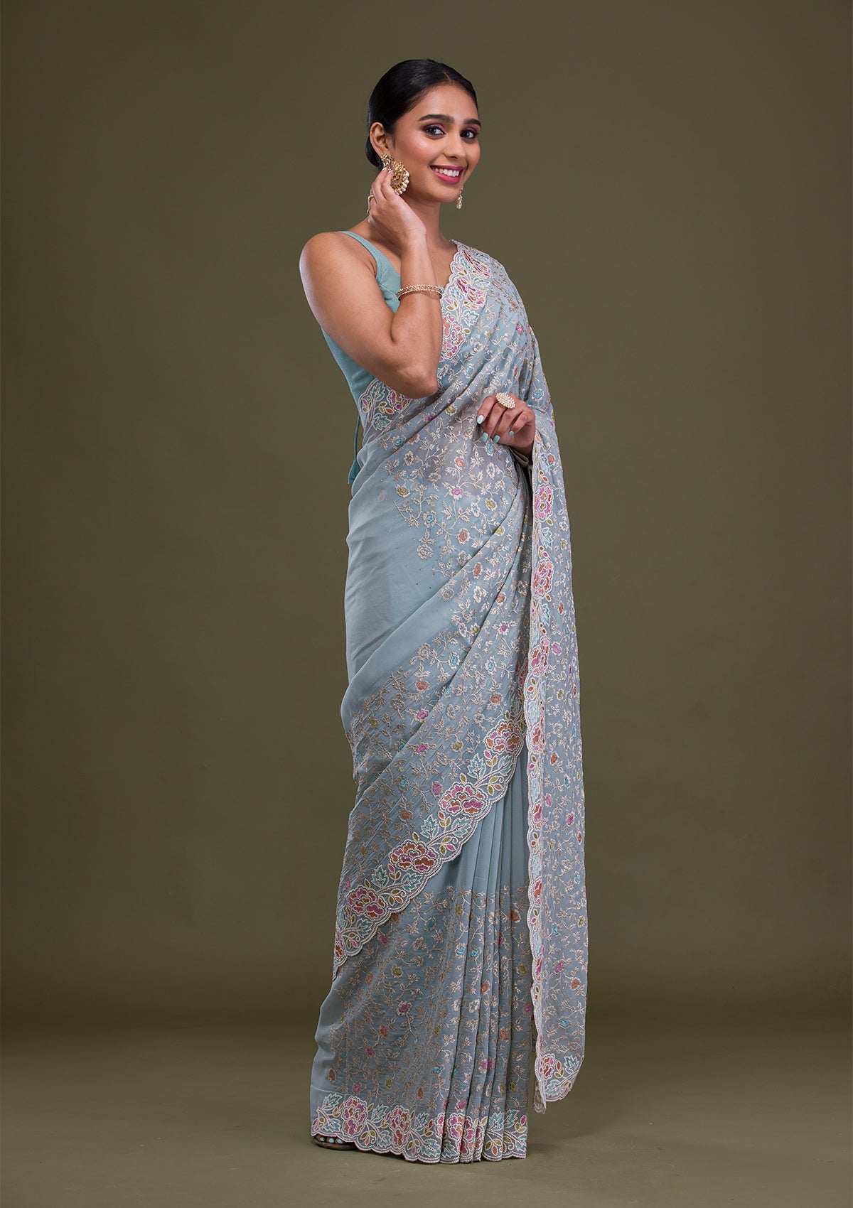 Sky Blue Zariwork Georgette Saree-Koskii