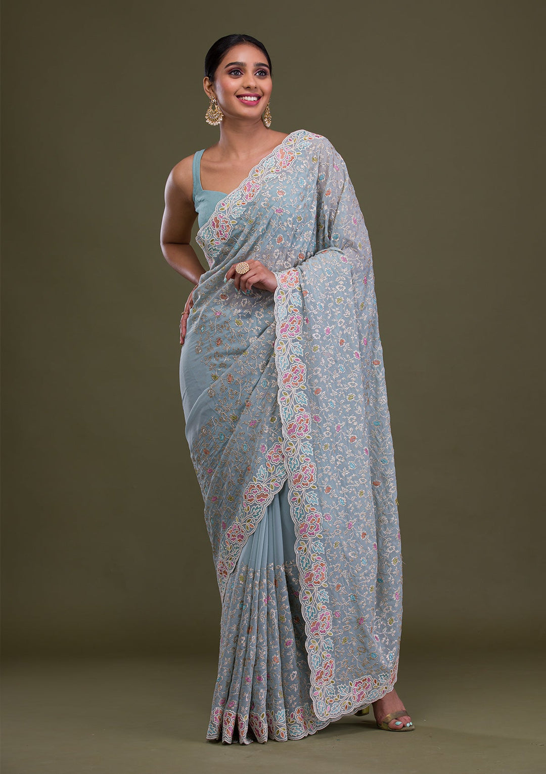 Sky Blue Zariwork Georgette Saree-Koskii