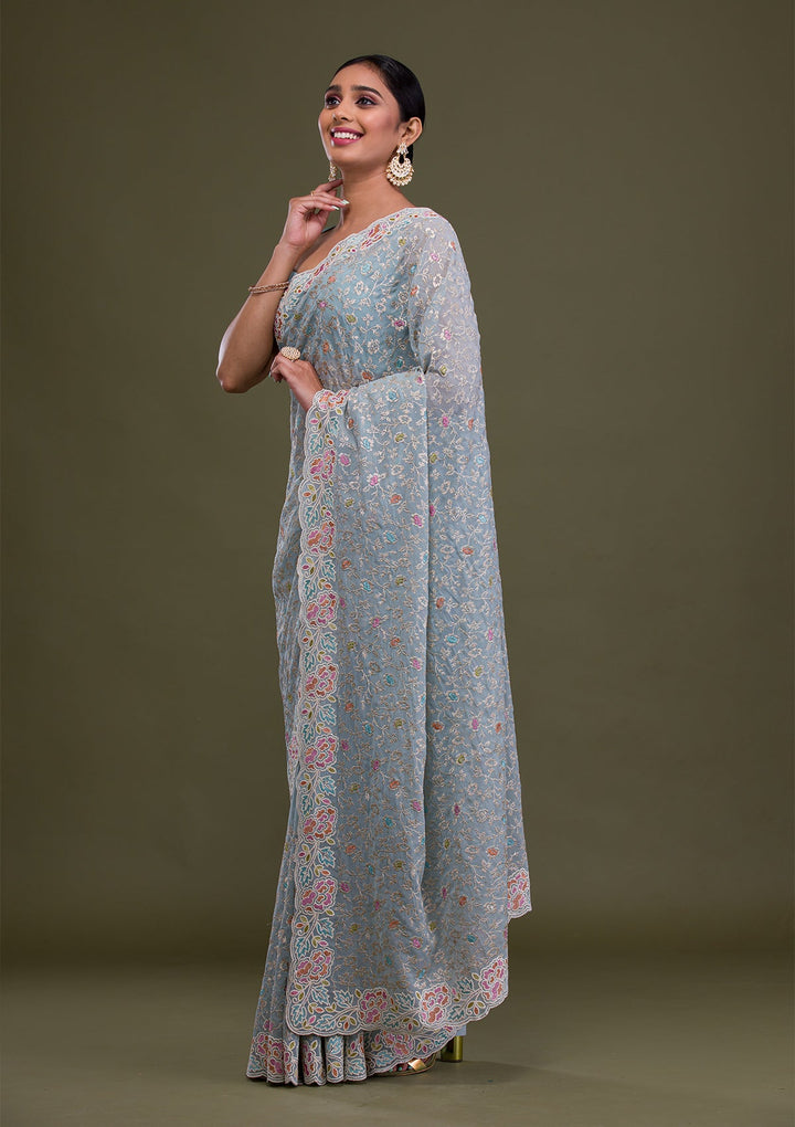 Sky Blue Zariwork Georgette Saree-Koskii