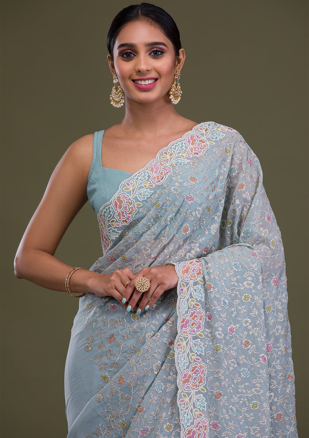 Sky Blue Zariwork Georgette Saree-Koskii