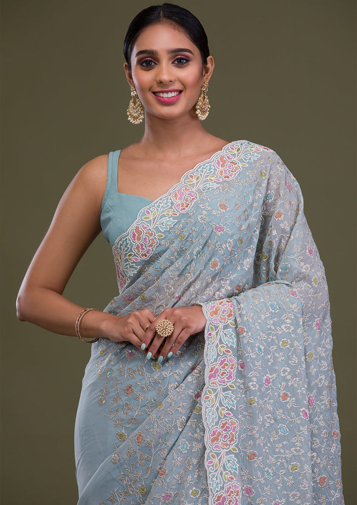 Sky Blue Zariwork Georgette Saree-Koskii