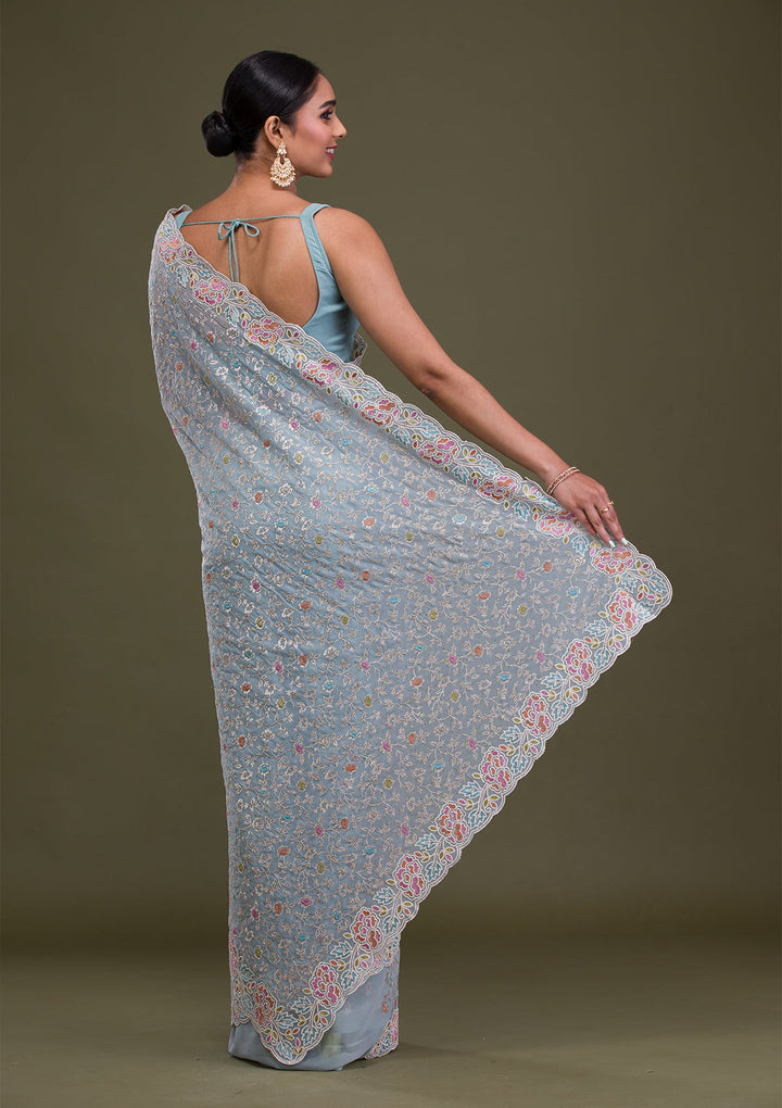 Sky Blue Zariwork Georgette Saree-Koskii