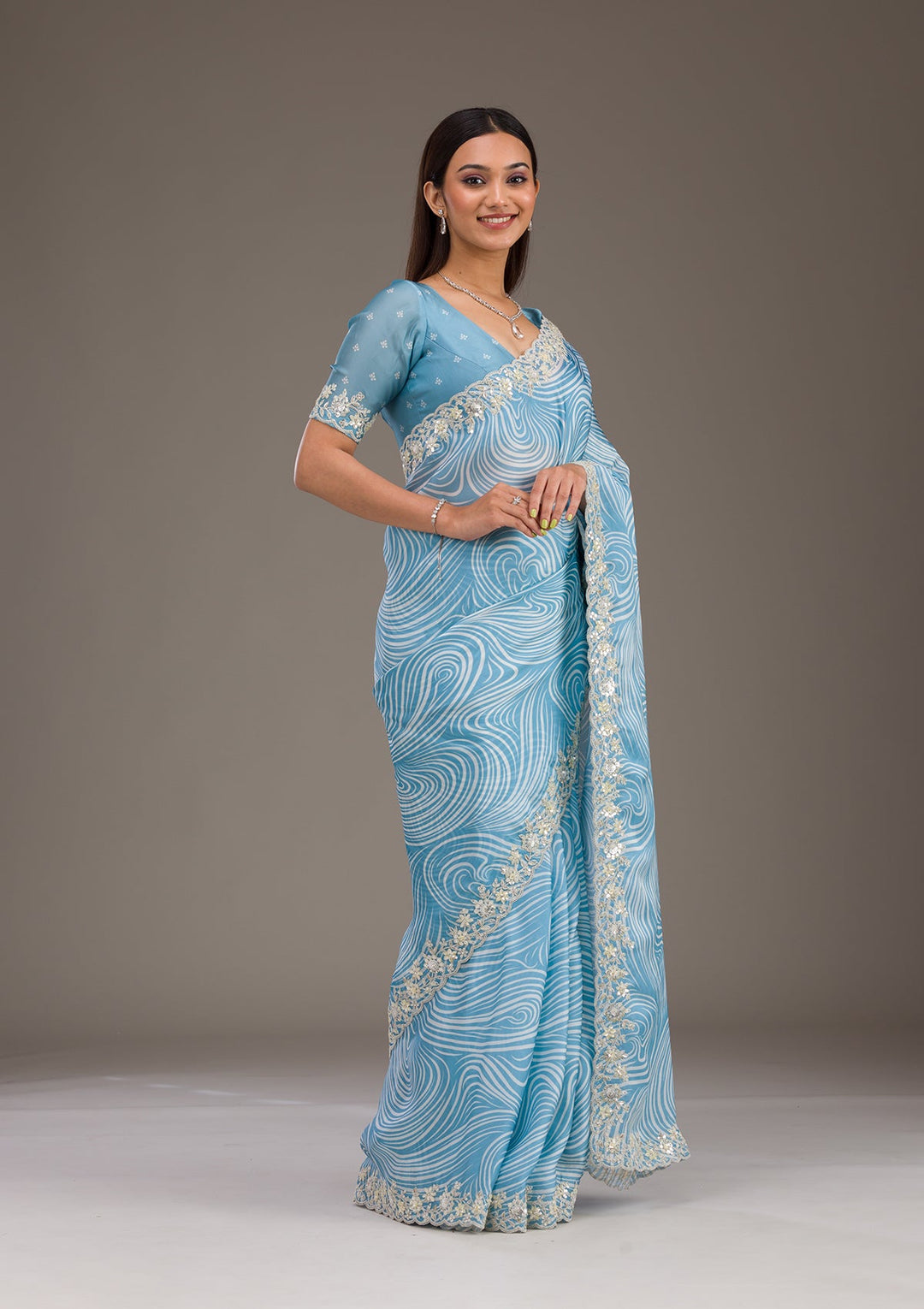Sky Blue Zariwork Georgette Saree-Koskii