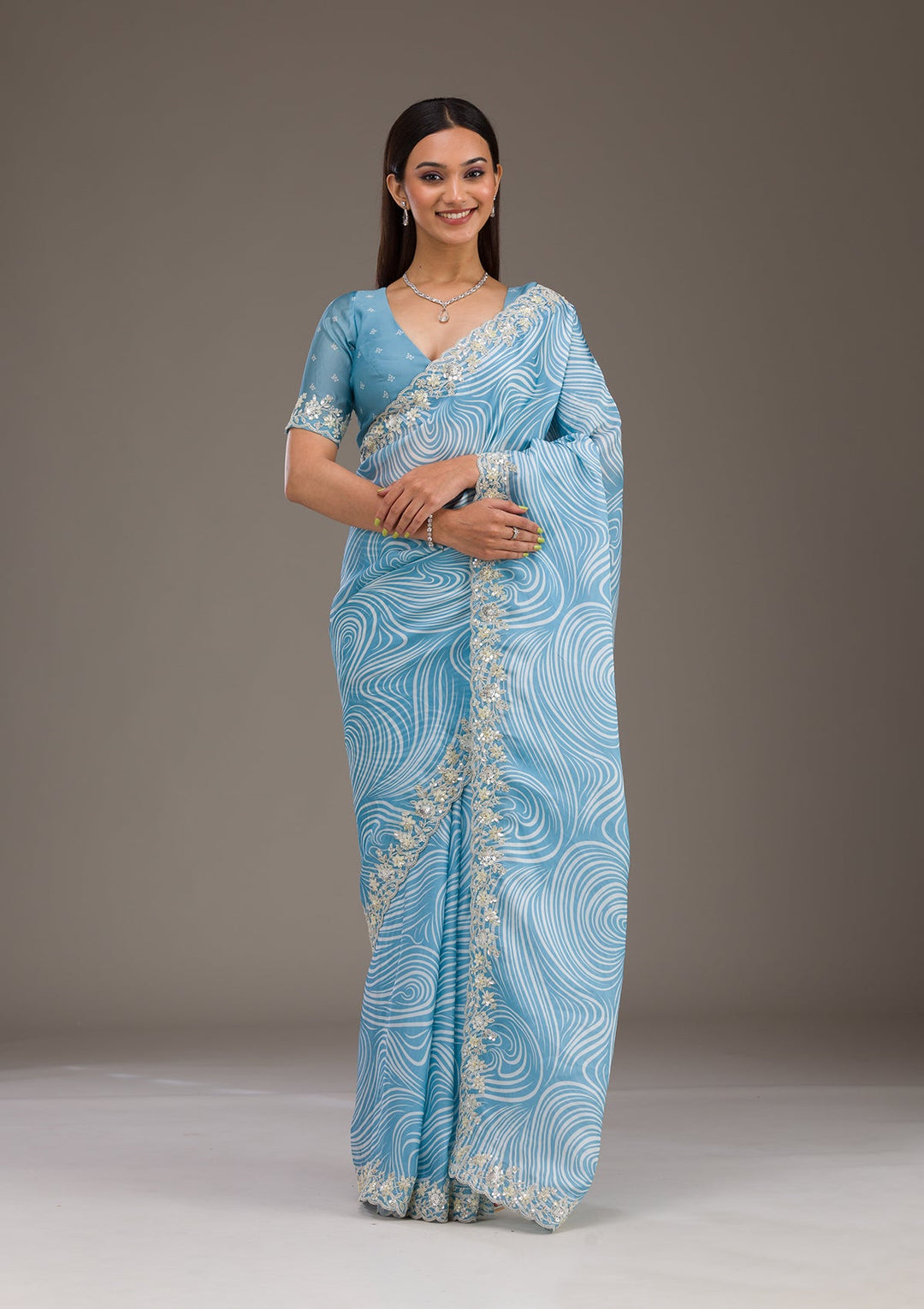 Sky Blue Zariwork Georgette Saree-Koskii