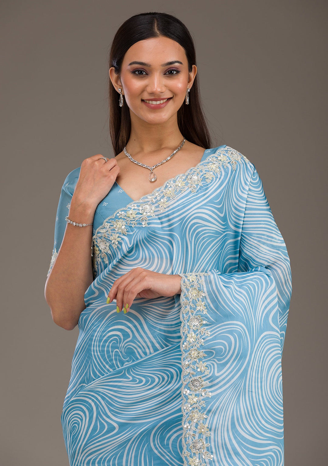 Sky Blue Zariwork Georgette Saree-Koskii