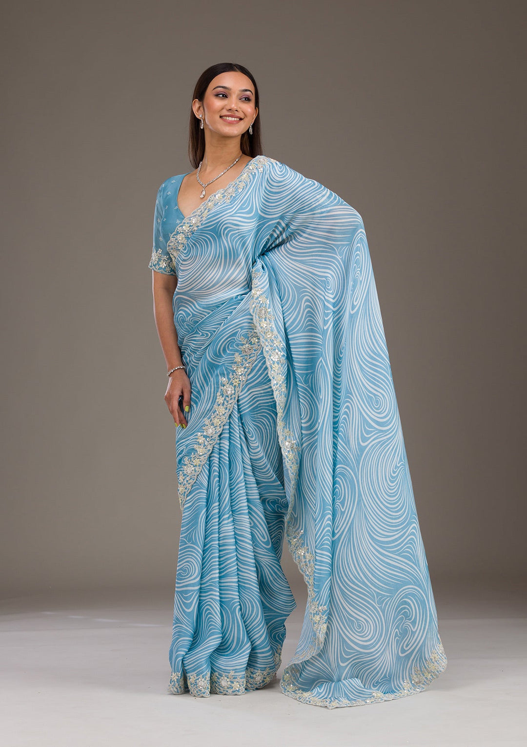 Sky Blue Zariwork Georgette Saree-Koskii