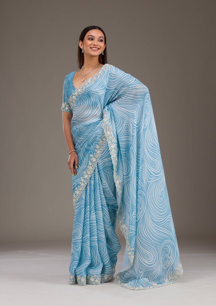 Sky Blue Zariwork Georgette Saree-Koskii