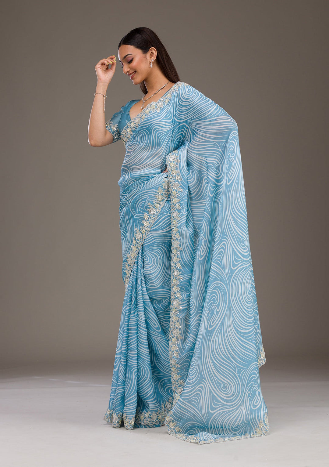 Sky Blue Zariwork Georgette Saree-Koskii