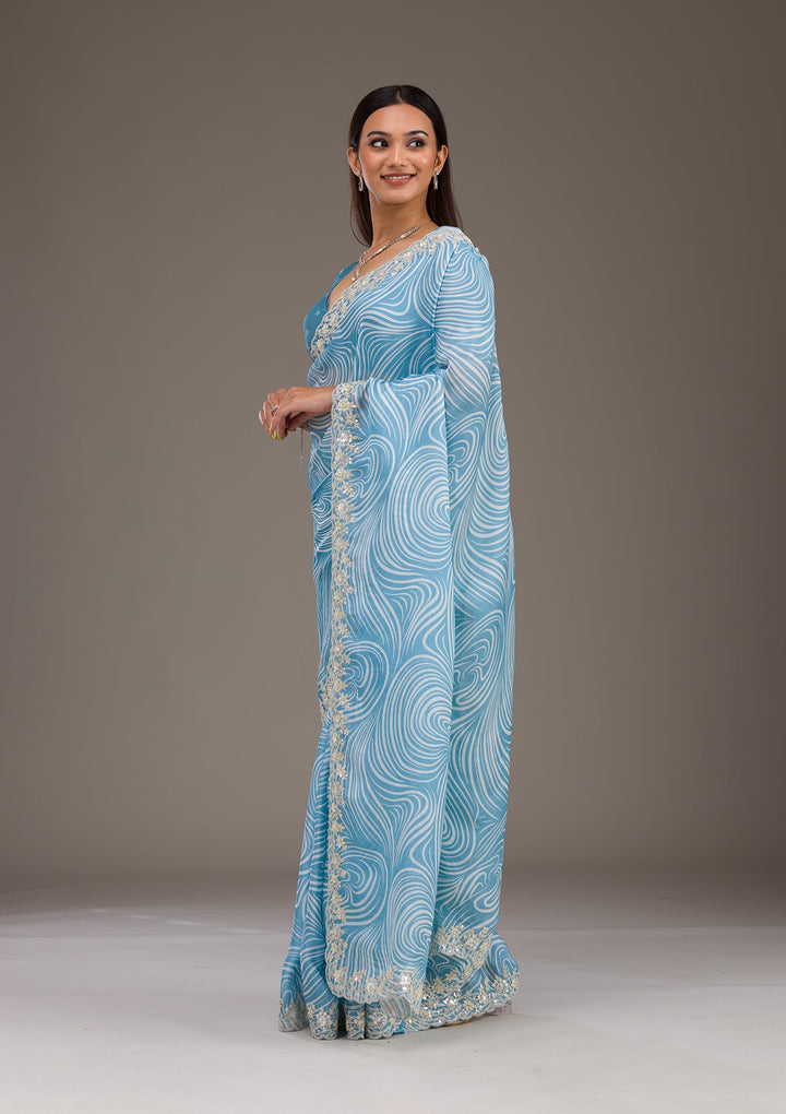 Sky Blue Zariwork Georgette Saree-Koskii
