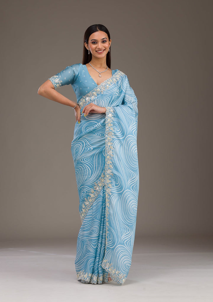 Sky Blue Zariwork Georgette Saree-Koskii