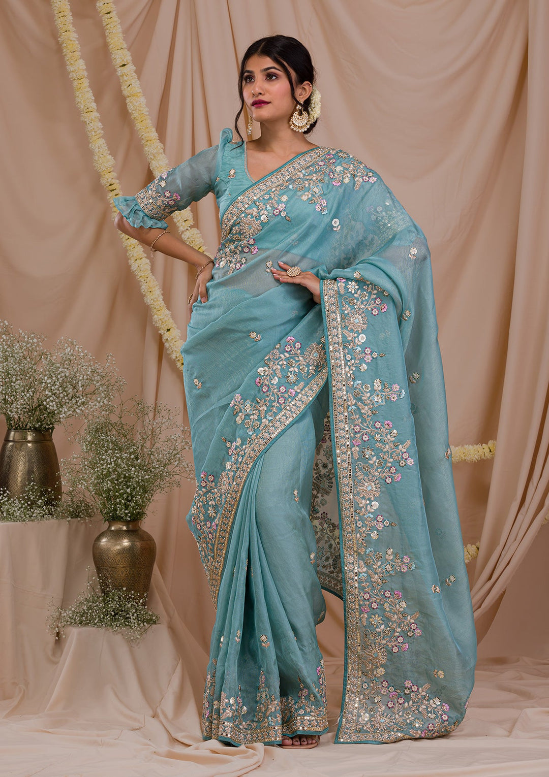 Sky Blue Zariwork Net Saree-Koskii