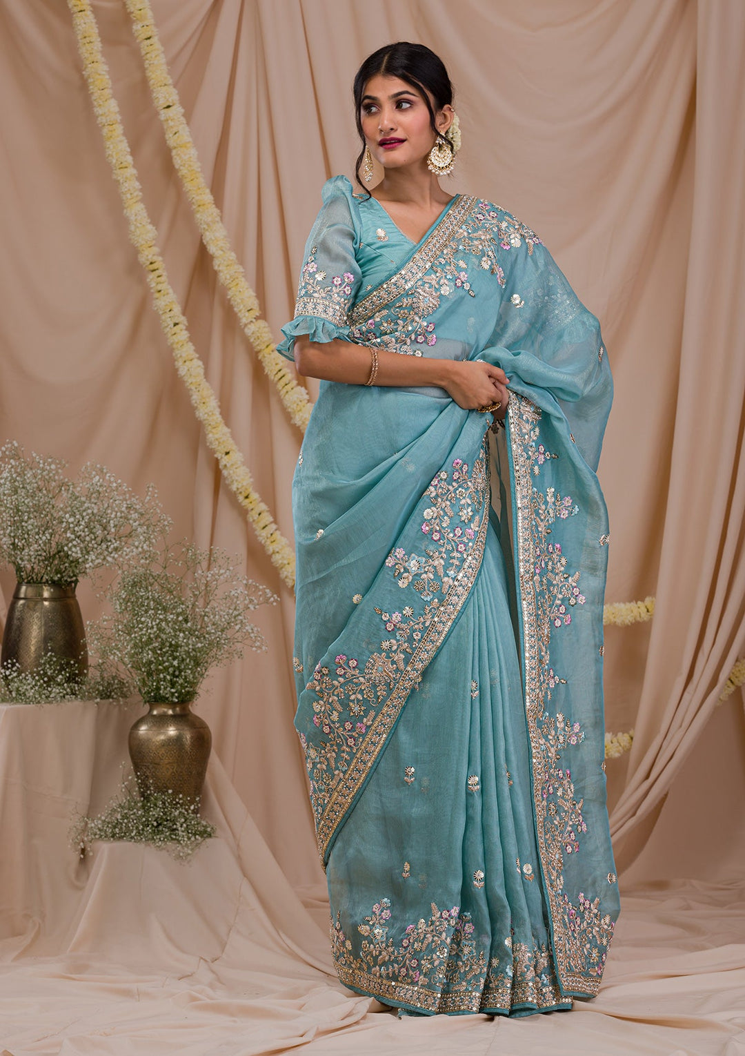 Sky Blue Zariwork Net Saree-Koskii