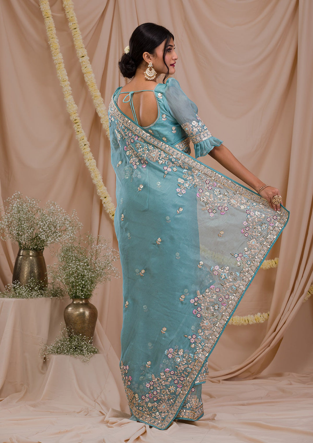 Sky Blue Zariwork Net Saree-Koskii