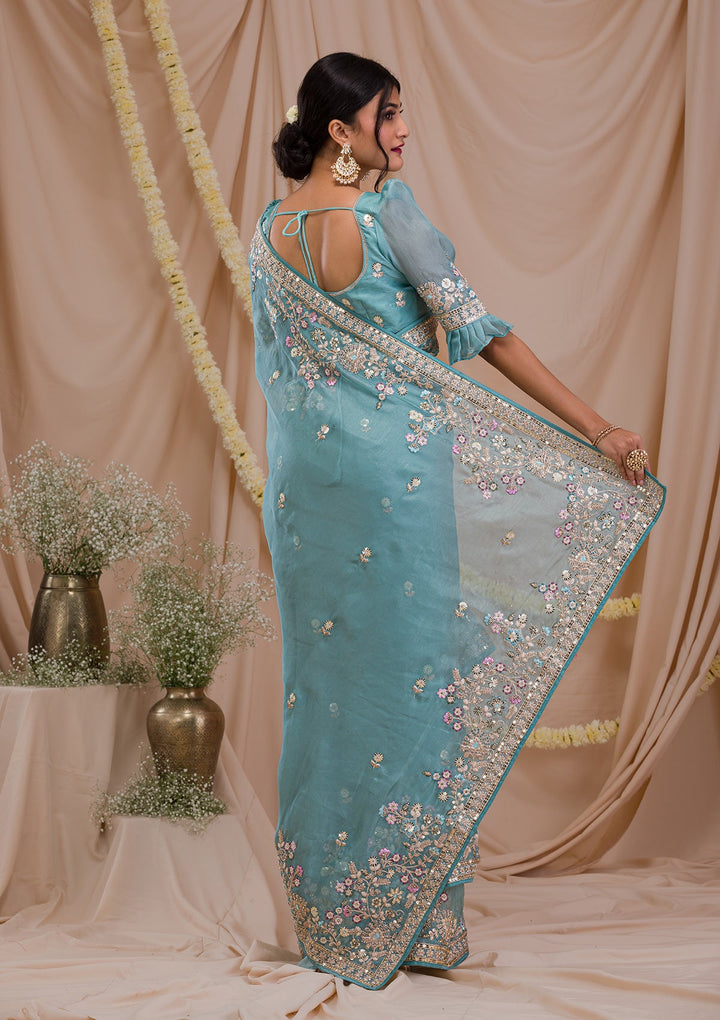 Sky Blue Zariwork Net Saree-Koskii