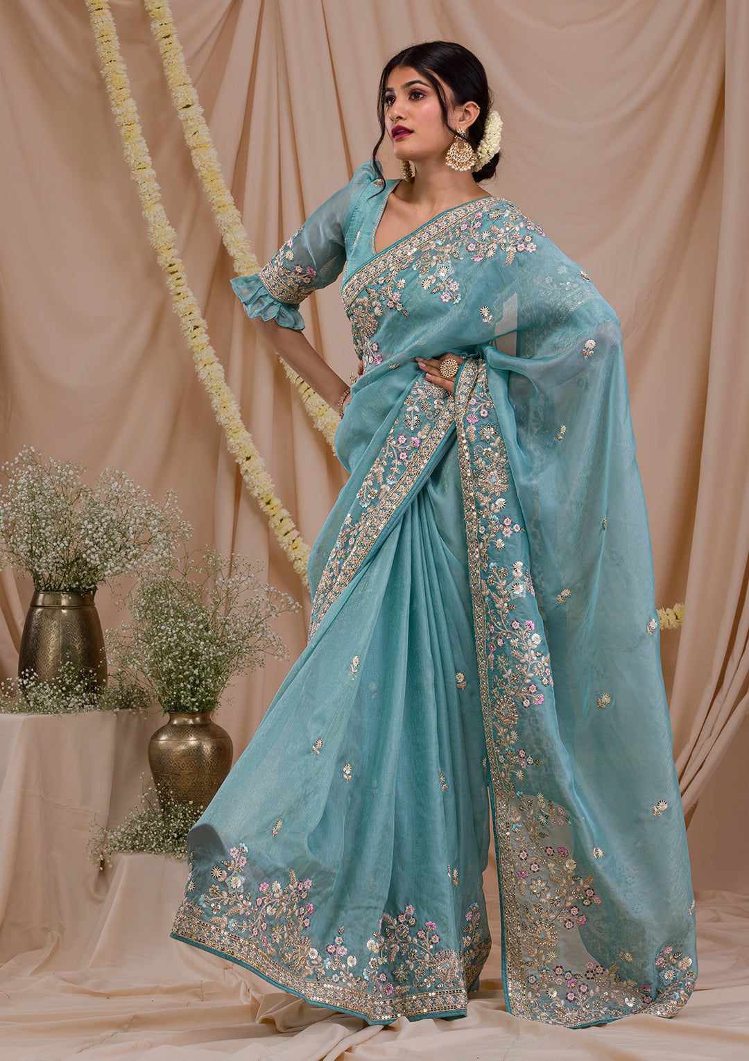 Sky Blue Zariwork Net Saree-Koskii