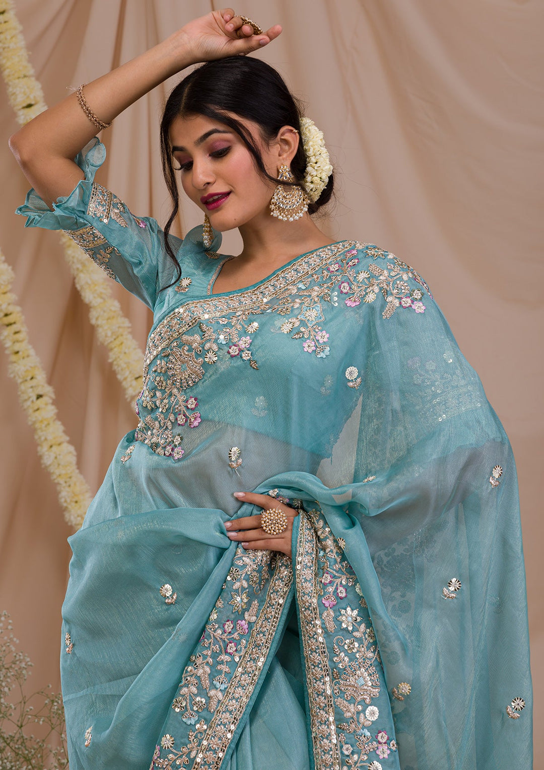 Sky Blue Zariwork Net Saree-Koskii