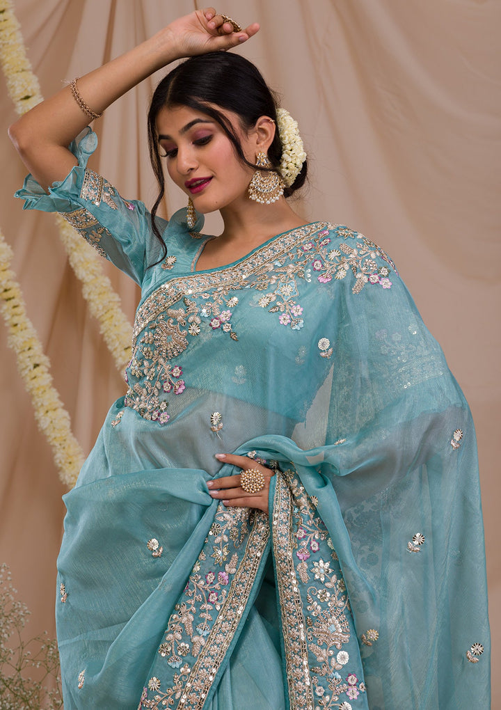 Sky Blue Zariwork Net Saree-Koskii