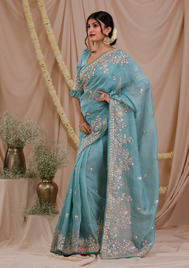 Sky Blue Zariwork Net Saree-Koskii
