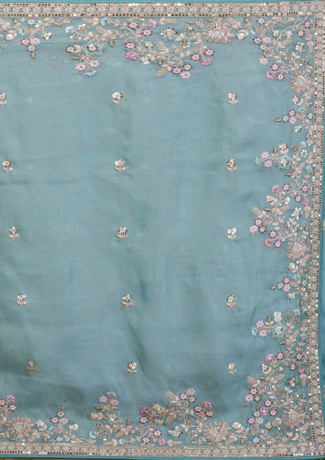 Sky Blue Zariwork Net Saree-Koskii