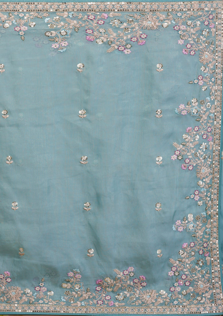 Sky Blue Zariwork Net Saree-Koskii