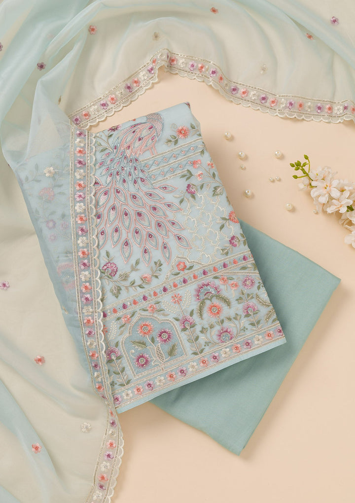 Sky Blue Zariwork Organza Unstitched Salwar Suit-Koskii