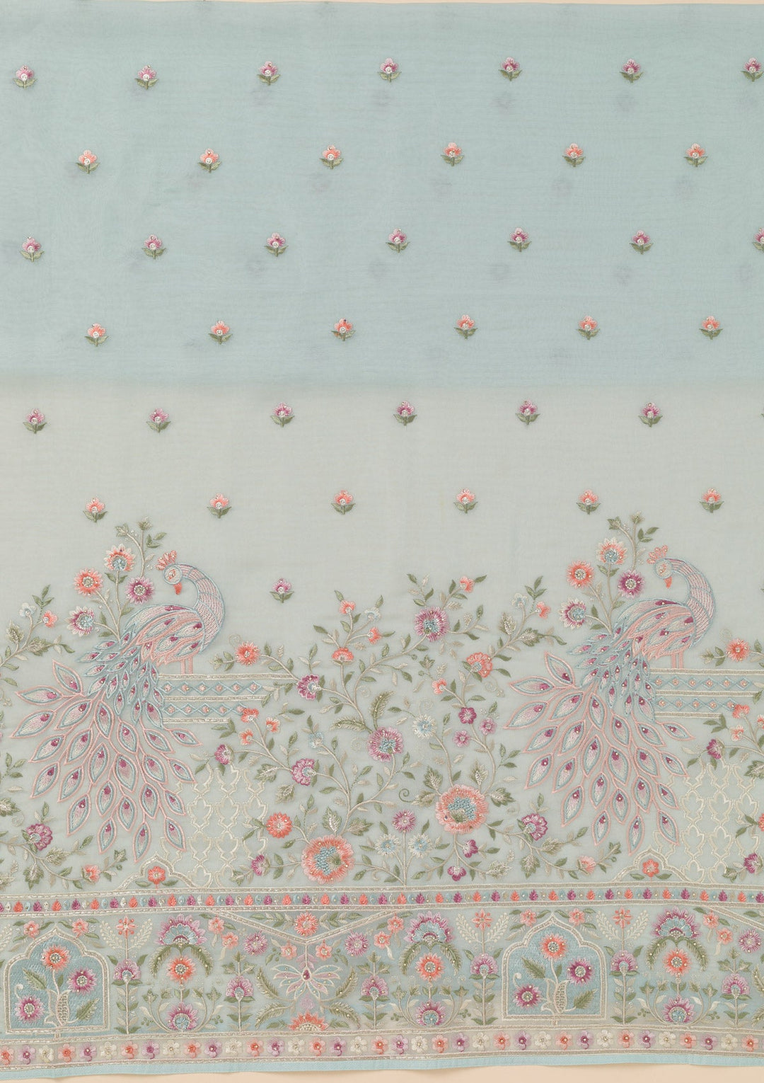 Sky Blue Zariwork Organza Unstitched Salwar Suit-Koskii