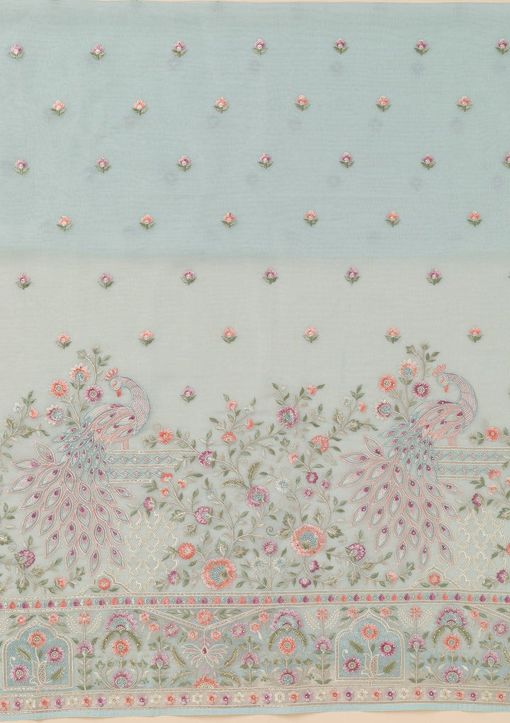 Sky Blue Zariwork Organza Unstitched Salwar Suit-Koskii