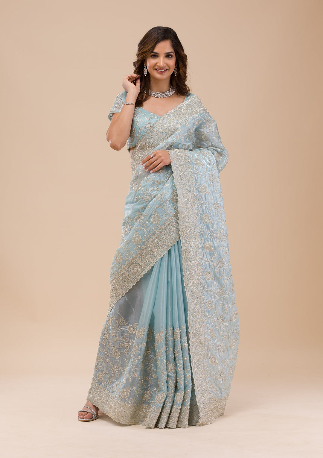 Sky Blue Zariwork Organza Saree-Koskii