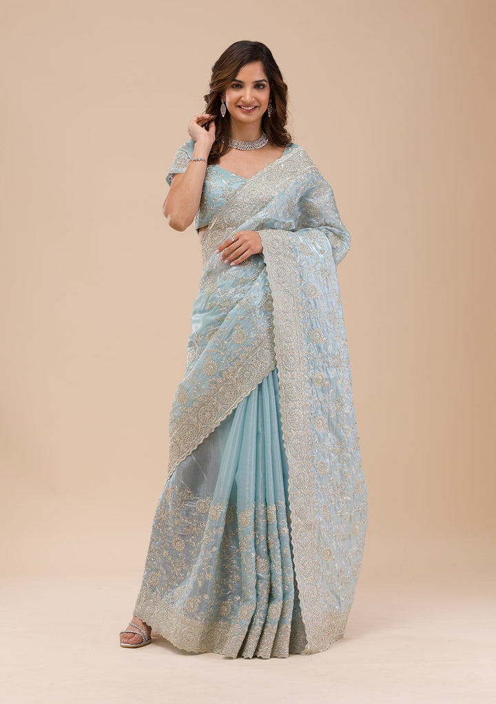 Sky Blue Zariwork Organza Saree-Koskii