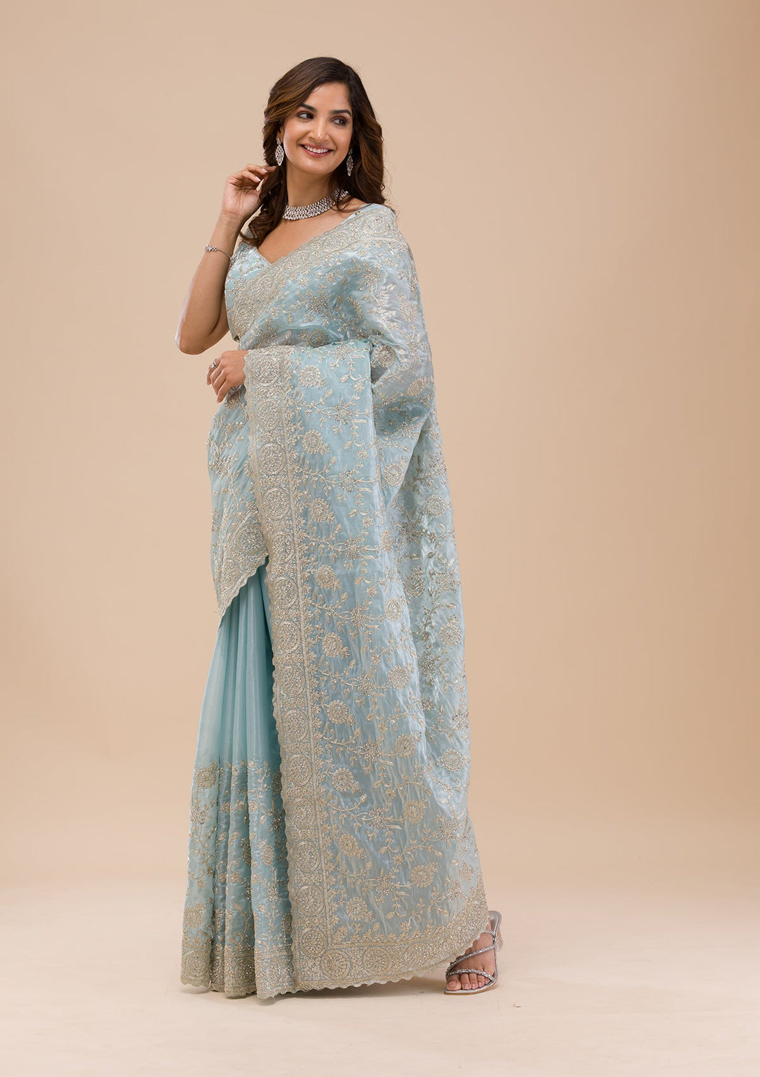 Sky Blue Zariwork Organza Saree-Koskii