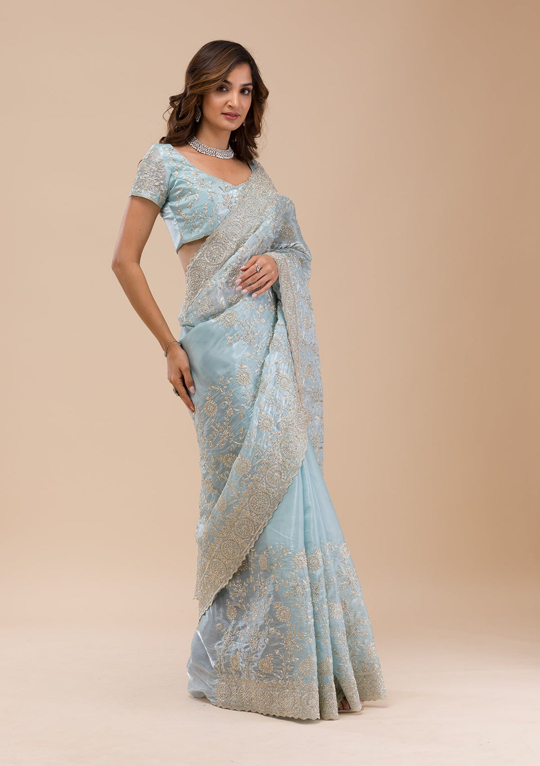 Sky Blue Zariwork Organza Saree-Koskii