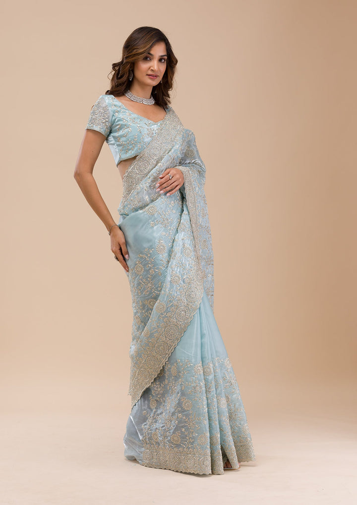Sky Blue Zariwork Organza Saree-Koskii