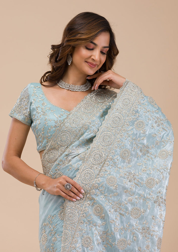 Sky Blue Zariwork Organza Saree-Koskii