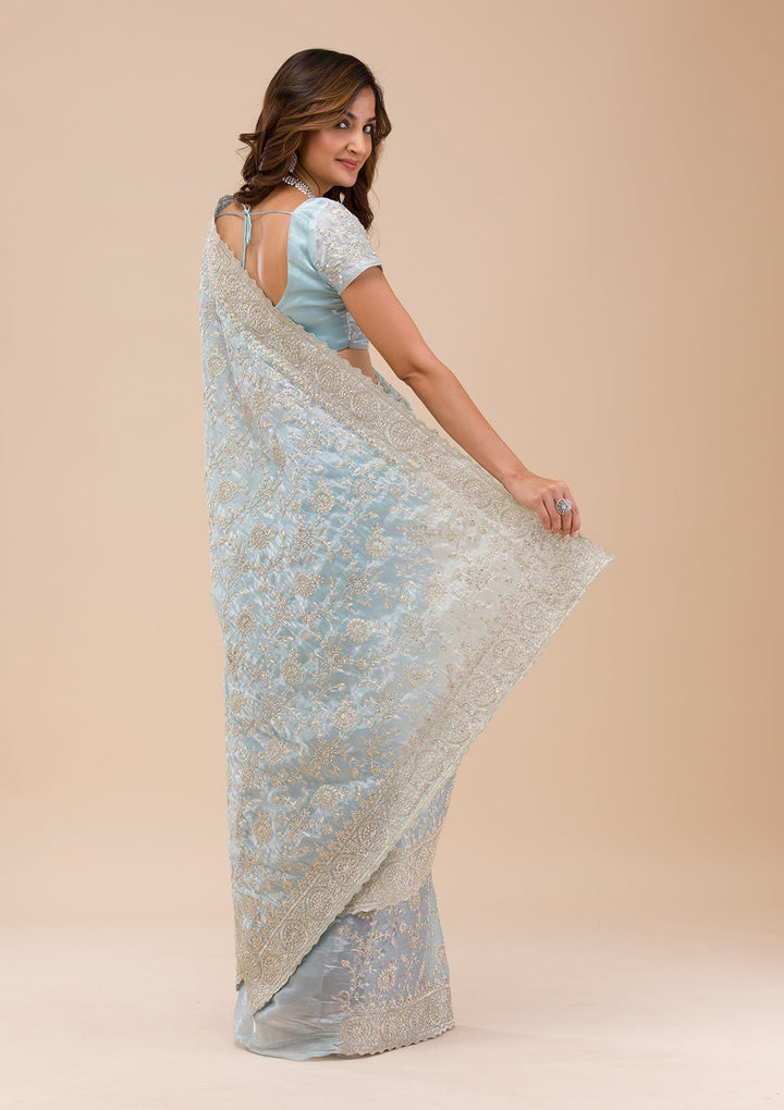 Sky Blue Zariwork Organza Saree-Koskii