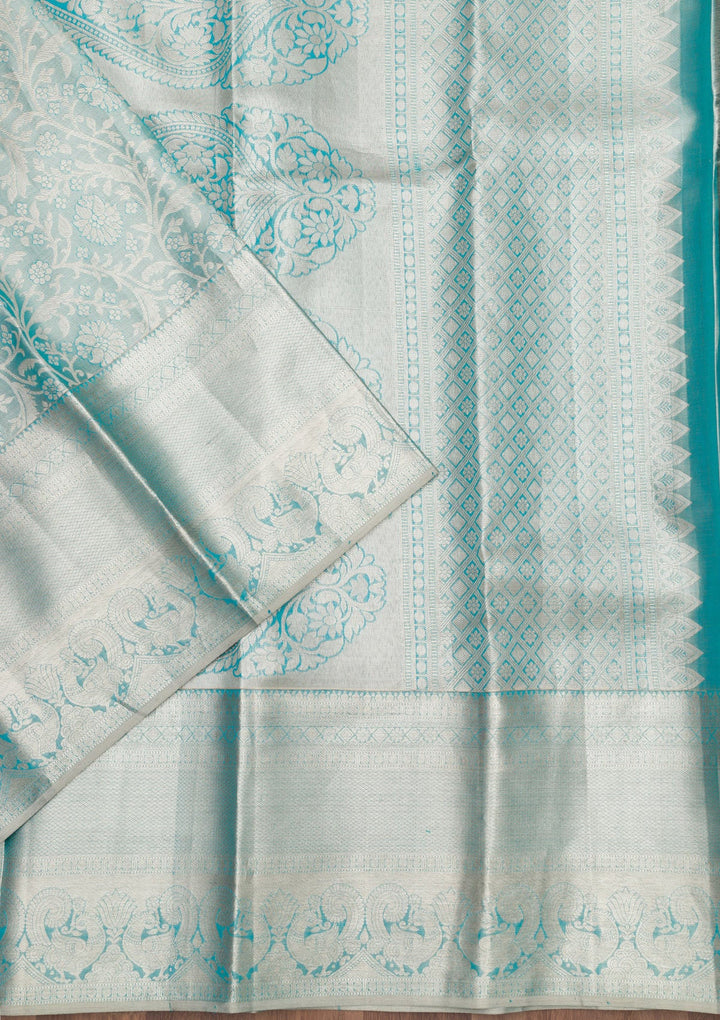 Sky Blue Zariwork Pure Silk Saree-Koskii