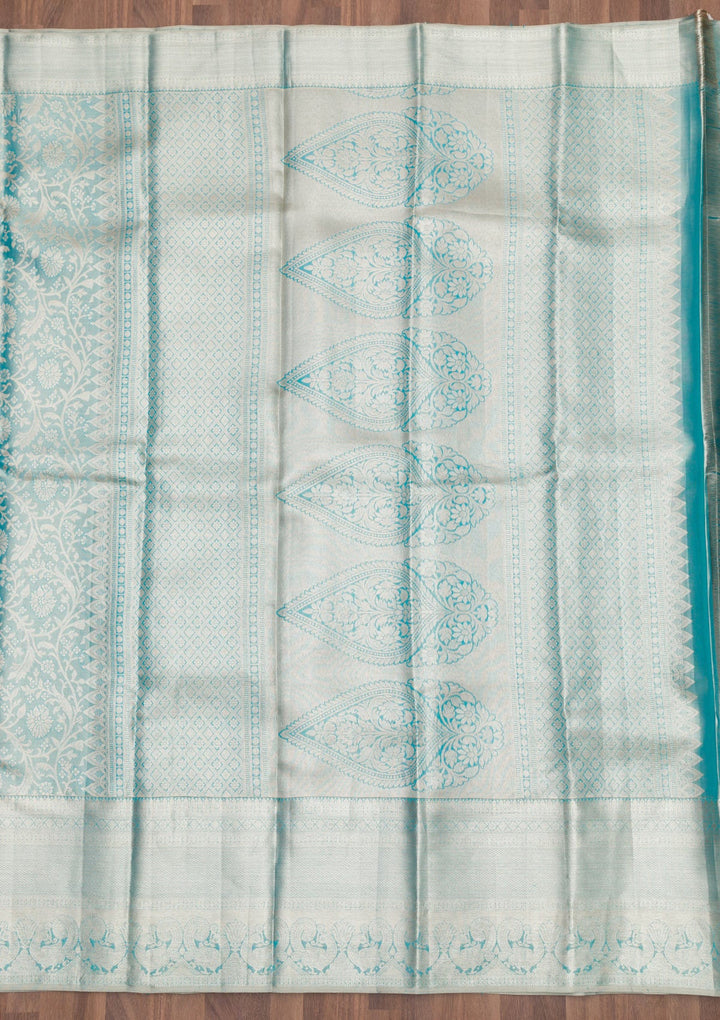 Sky Blue Zariwork Pure Silk Saree-Koskii
