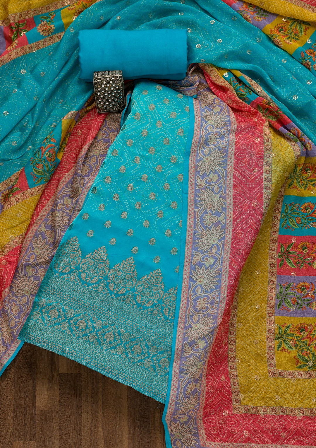 Sky Blue Zariwork Semi Crepe Unstitched Salwar Kameez-Koskii