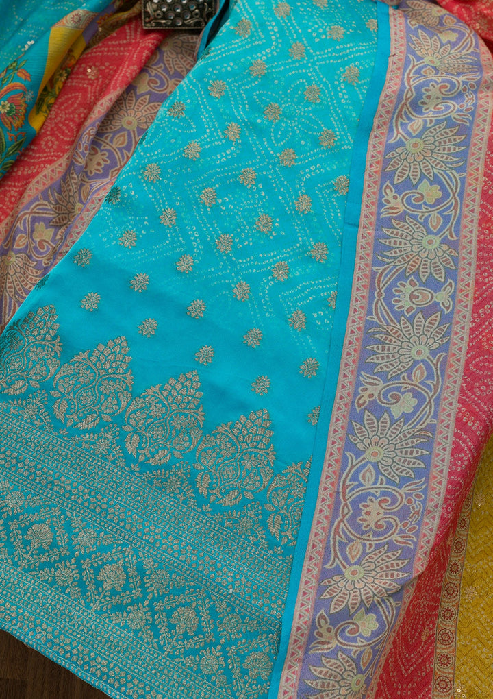 Sky Blue Zariwork Semi Crepe Unstitched Salwar Kameez-Koskii