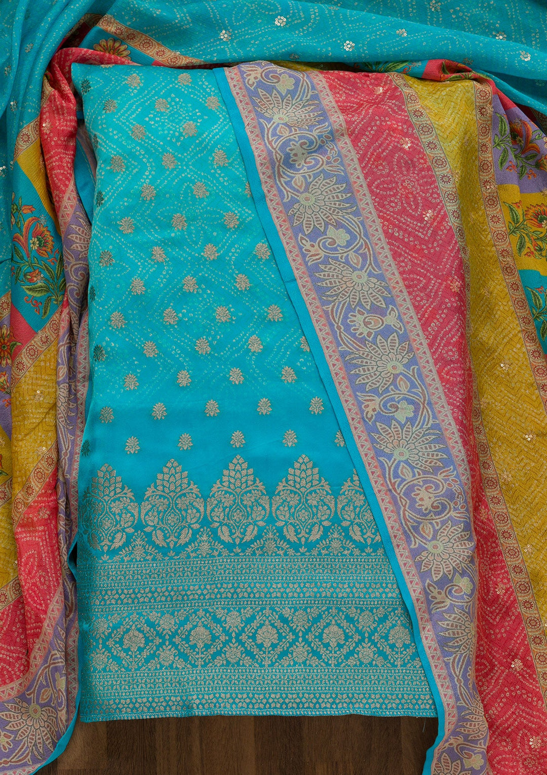 Sky Blue Zariwork Semi Crepe Unstitched Salwar Kameez-Koskii