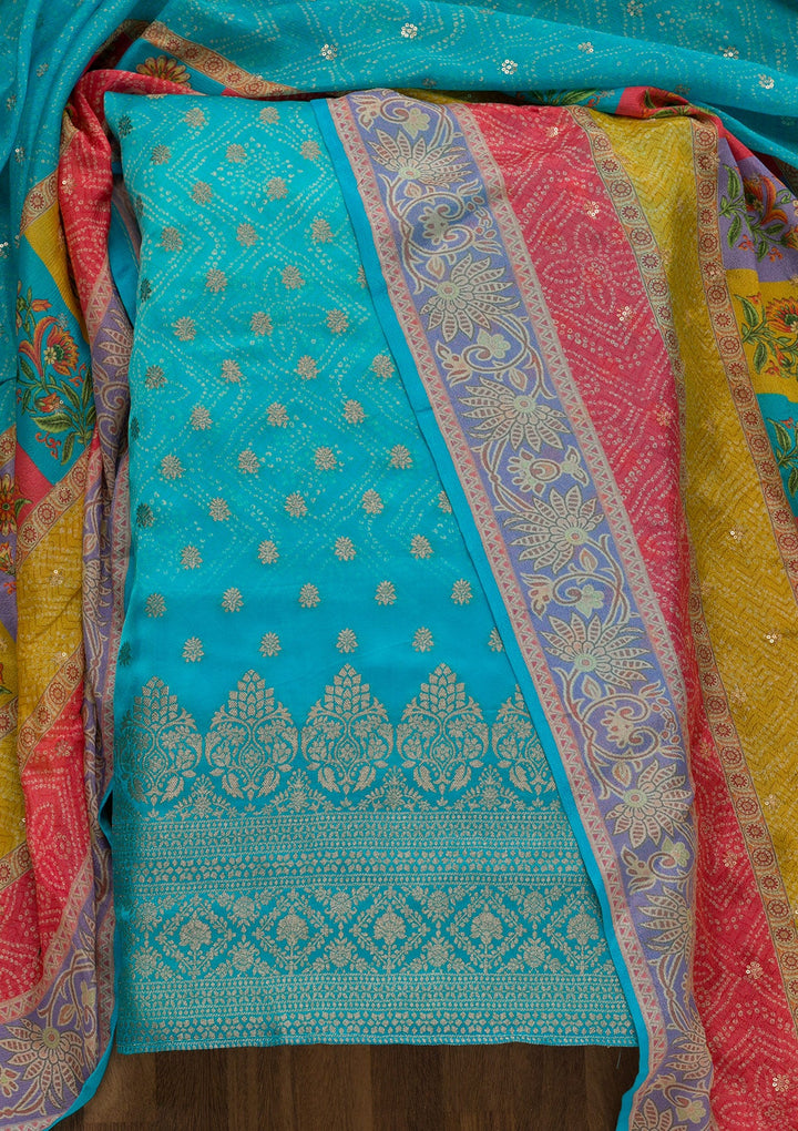 Sky Blue Zariwork Semi Crepe Unstitched Salwar Kameez-Koskii