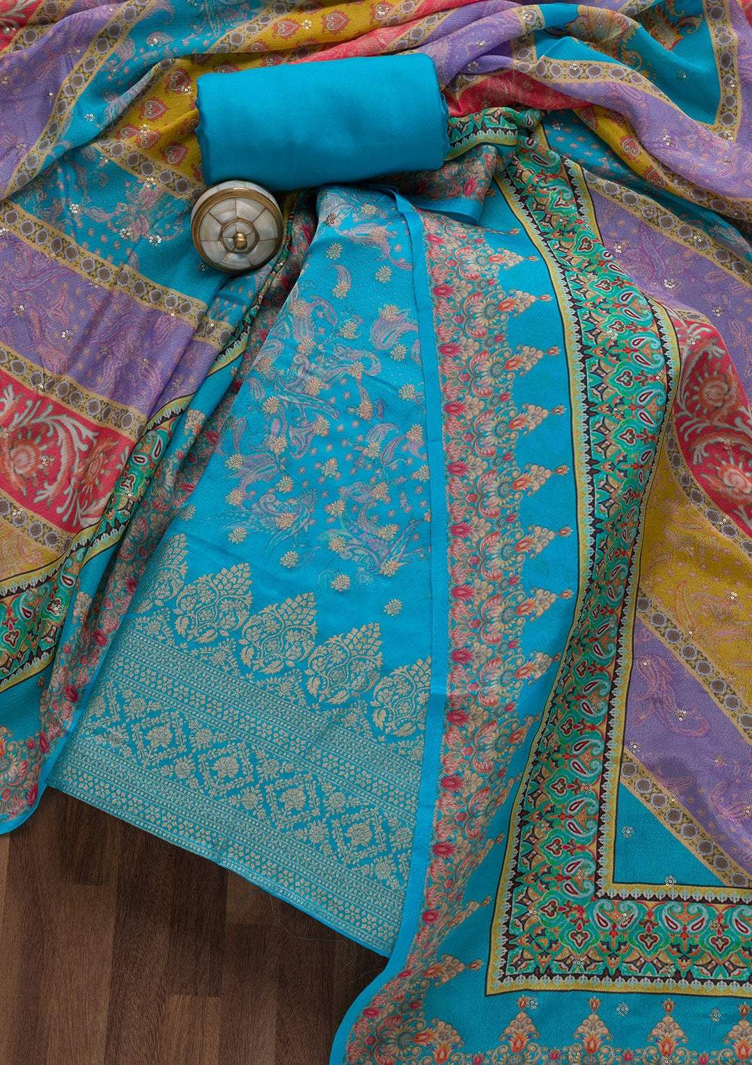 Sky Blue Zariwork Semi Crepe Unstitched Salwar Suit-Koskii