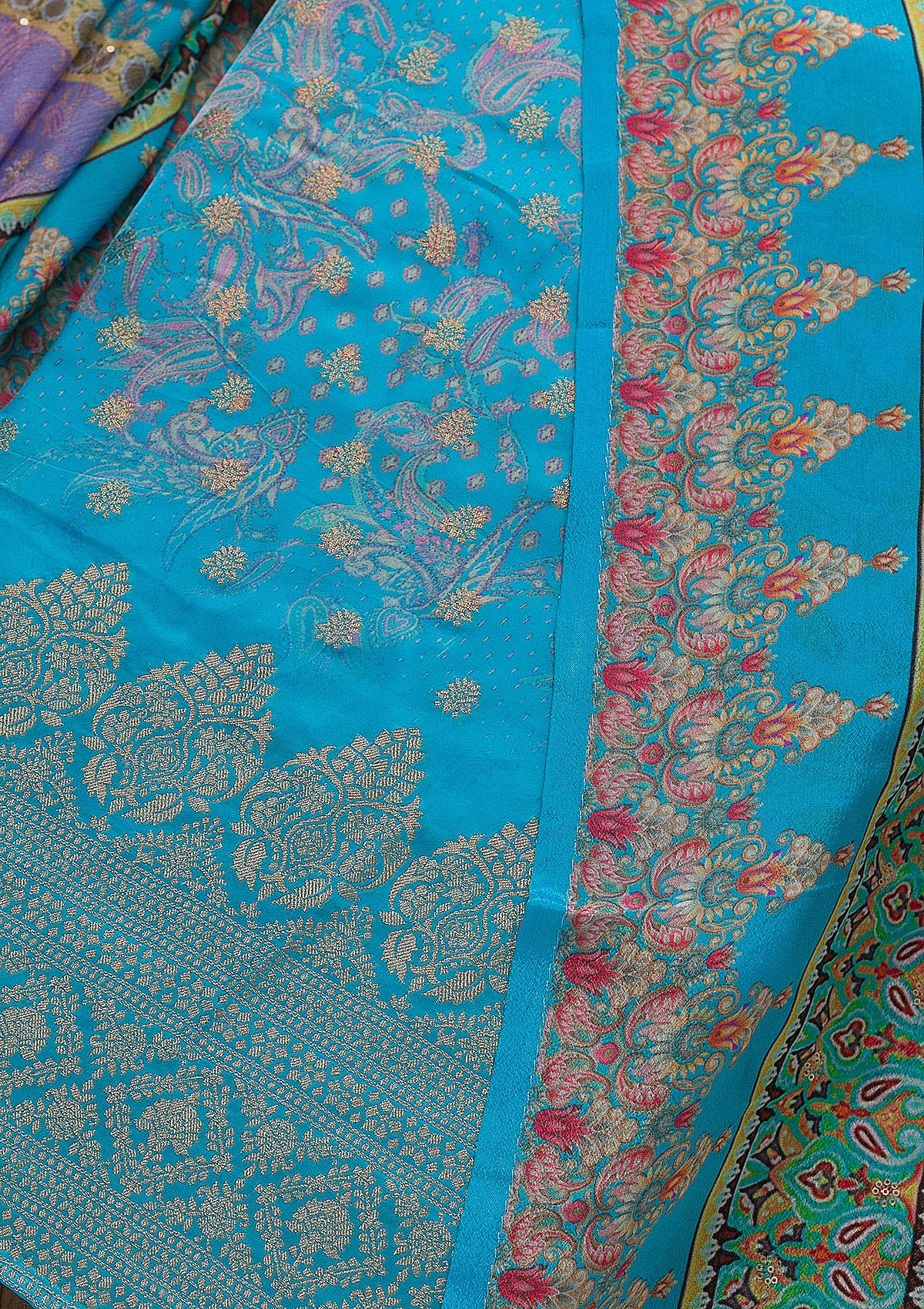 Sky Blue Zariwork Semi Crepe Unstitched Salwar Suit-Koskii