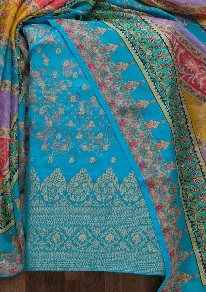 Sky Blue Zariwork Semi Crepe Unstitched Salwar Suit-Koskii