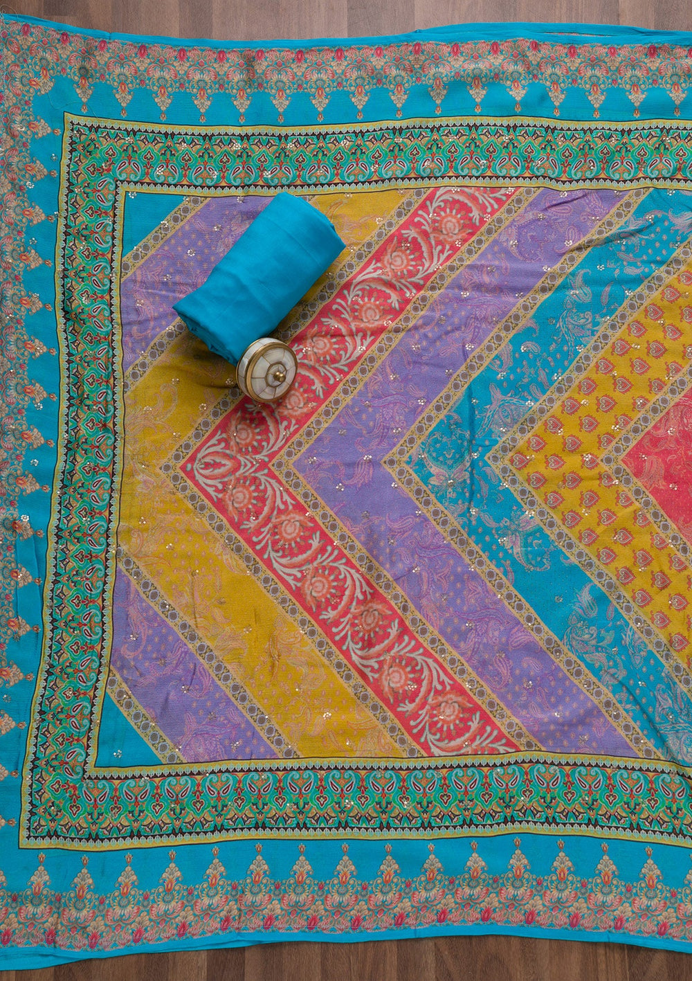 Sky Blue Zariwork Semi Crepe Unstitched Salwar Suit-Koskii