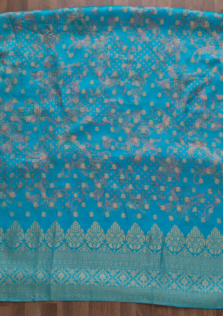 Sky Blue Zariwork Semi Crepe Unstitched Salwar Suit-Koskii