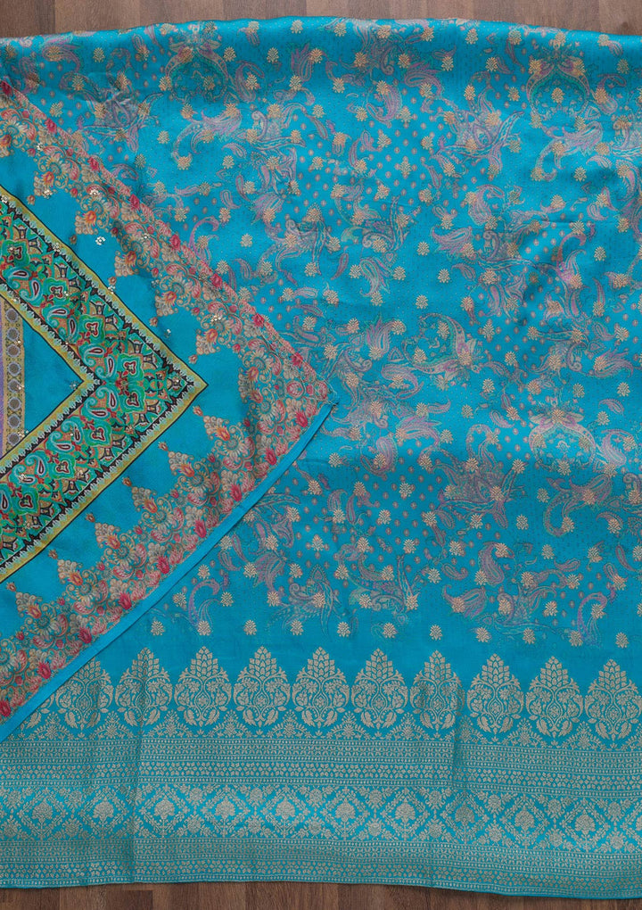 Sky Blue Zariwork Semi Crepe Unstitched Salwar Suit-Koskii