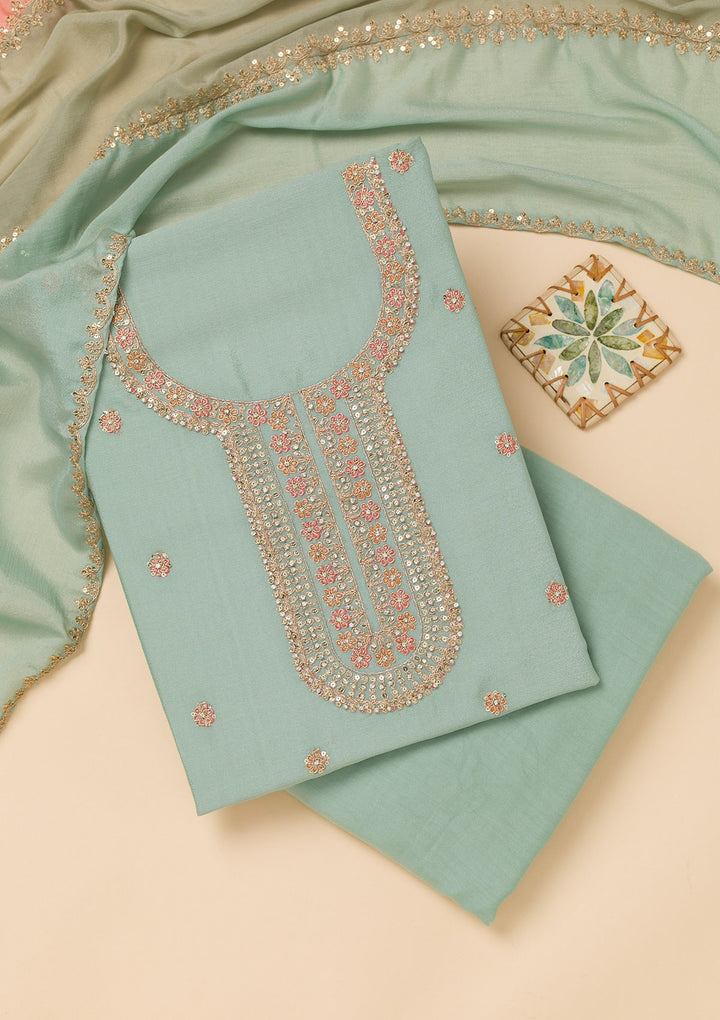 Sky Blue Zariwork Semi Crepe Unstitched Salwar Suit-Koskii