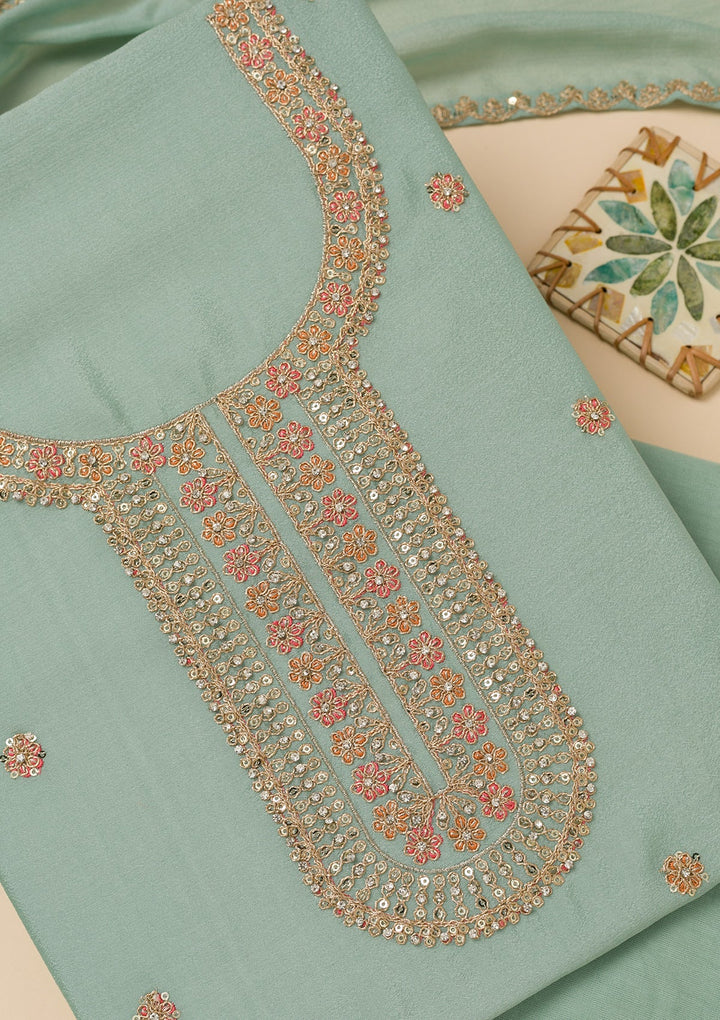 Sky Blue Zariwork Semi Crepe Unstitched Salwar Suit-Koskii